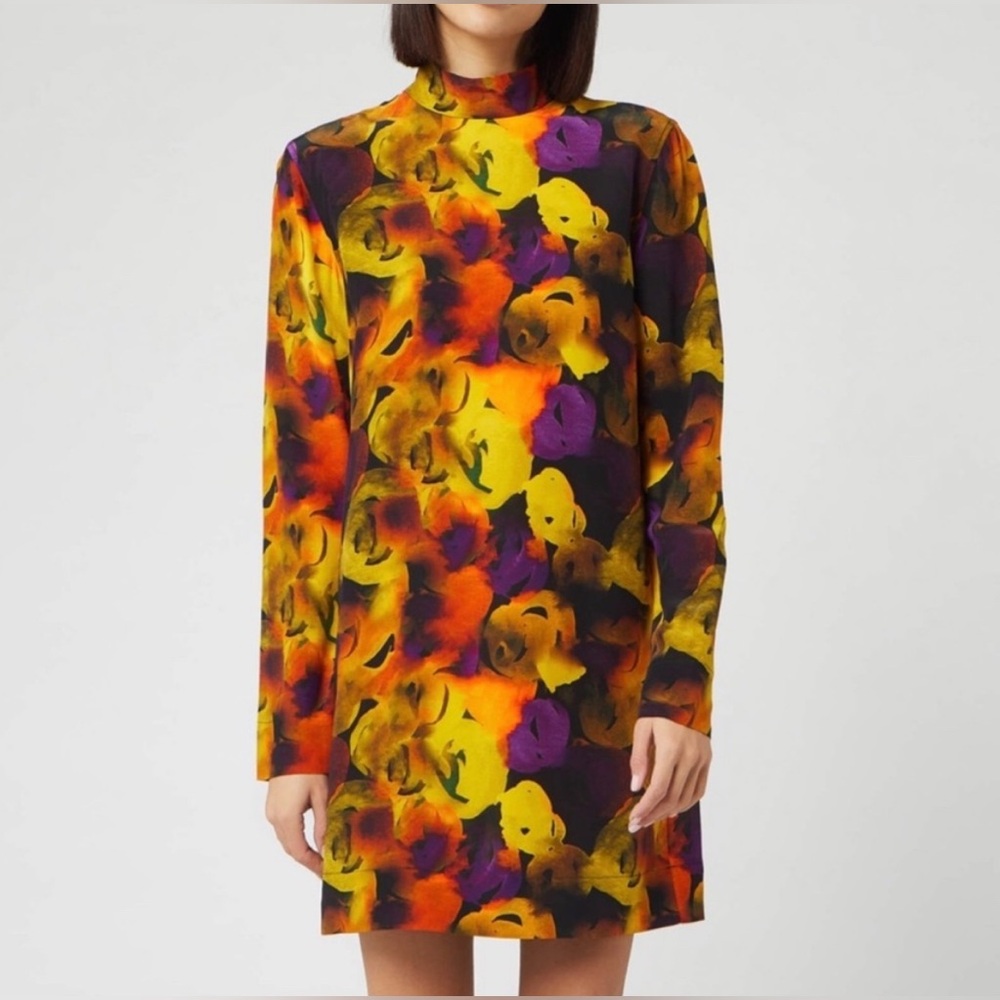EUC Ganni Dress Size 6 Long Sleeve Mini Abstract Floral Purple, Yellow, Orange